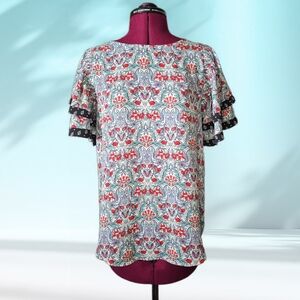 LOFT Floral Print Short Ruffle Sleeve Blouse Top with Black Trim